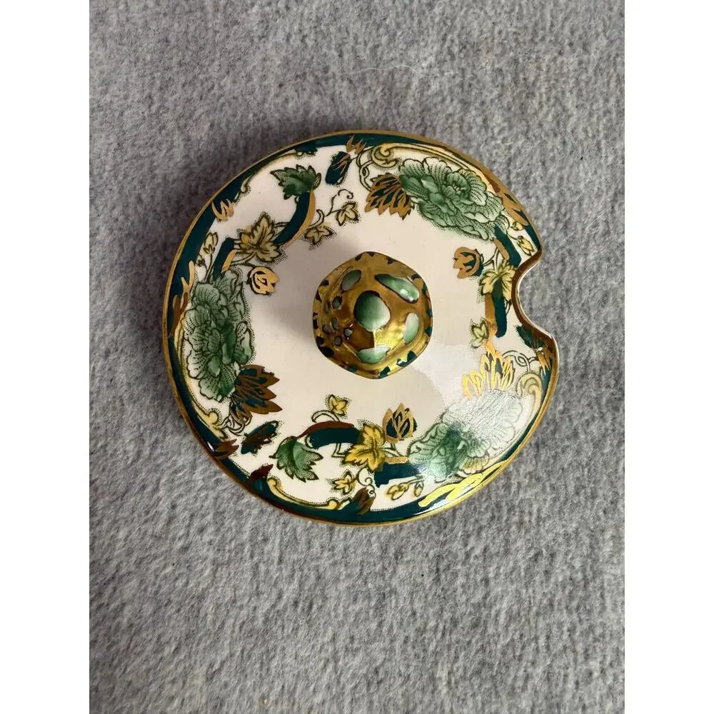 Mason's Ironstone China Mandalay Chartreuse Jam Jelly Jar with Lid Gold Trim